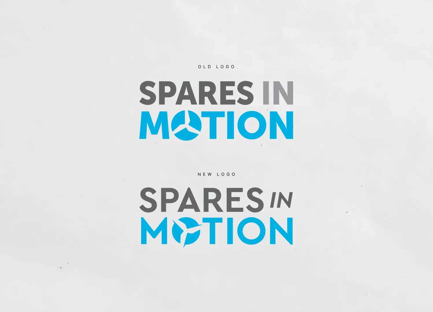 The old and new Spares in Motion logos side by side: the refreshed wordmark keeps the colours and turbine symbol while modernising the type