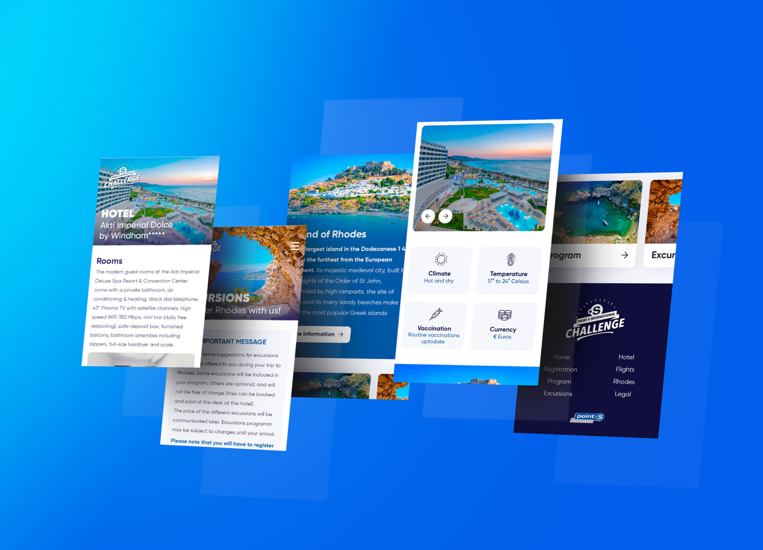 Mobile screens of the POINT S International Challenge registration platform by Morpheon, showing hotel, destination and travel information pages