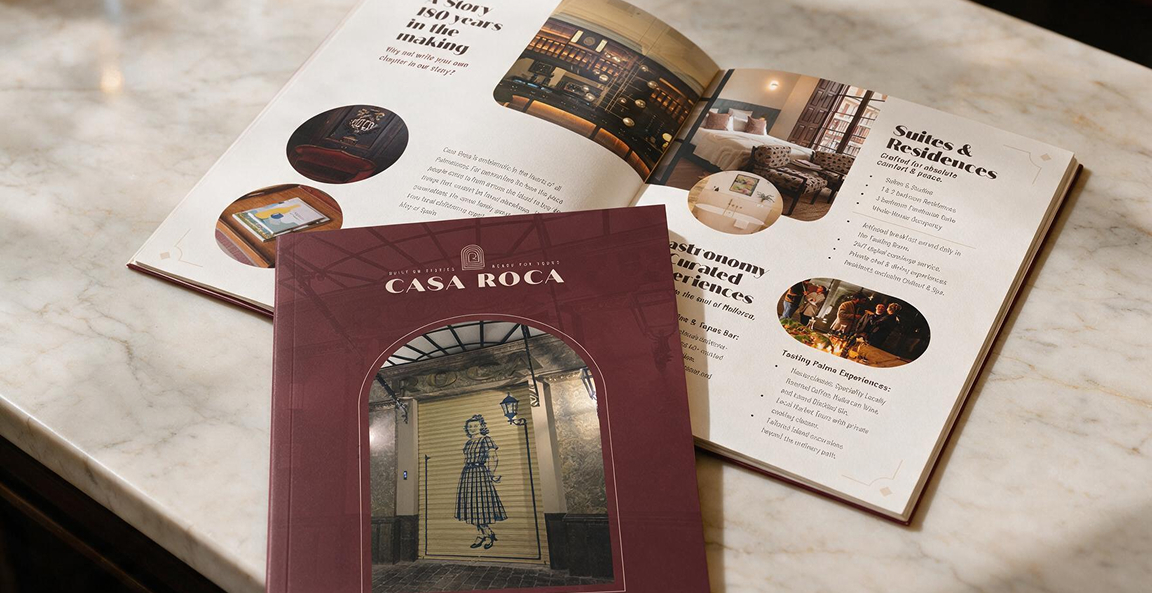 The Casa Roca brand book, printed and laid on a marble table, from Morpheon's brand strategy and identity work for the Palma apart-hotel