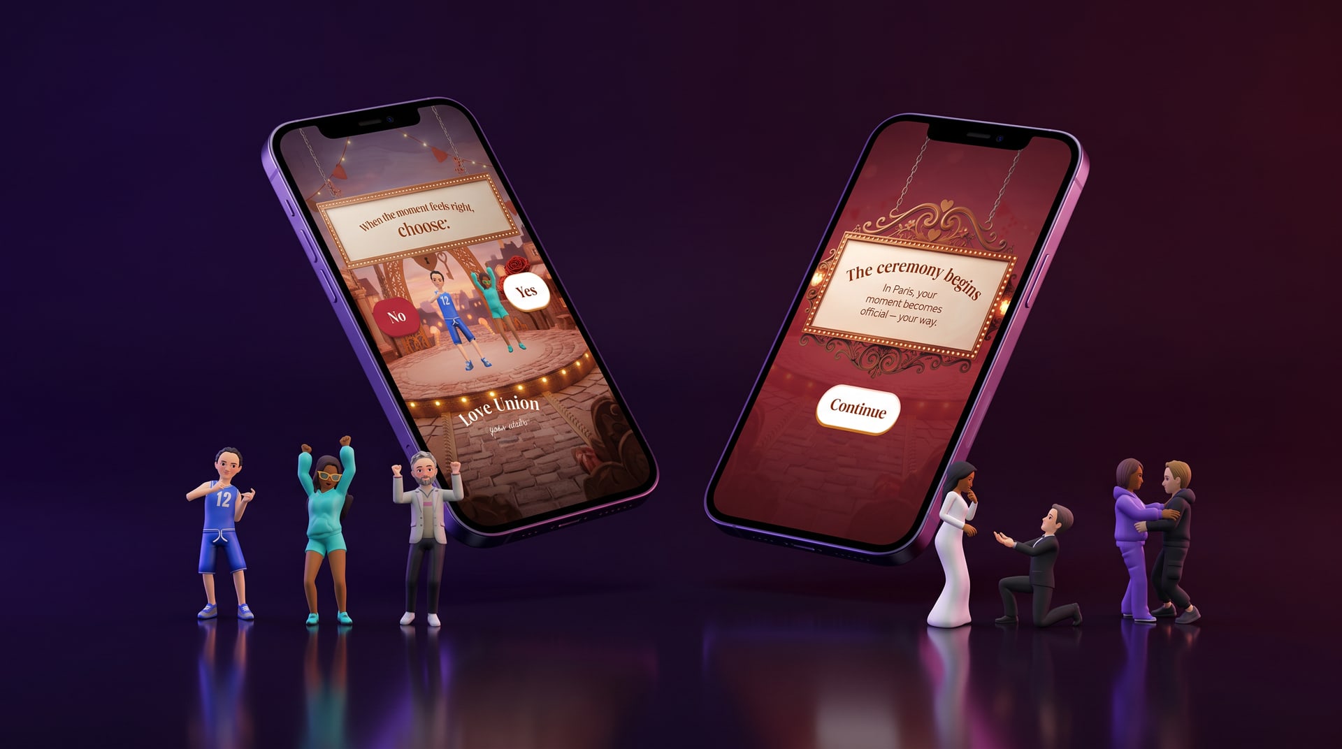 JustMarriedBooth app screens on two smartphones with 3D avatar figures, a Morpheon mobile app project