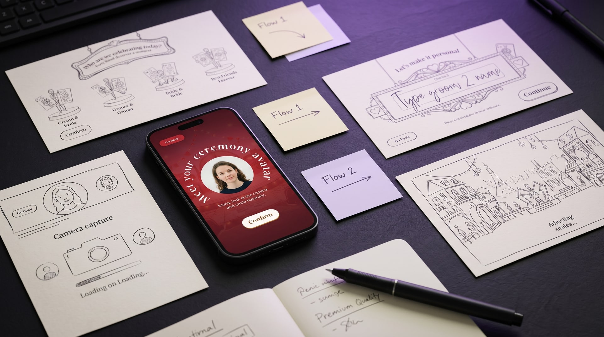 JustMarriedBooth app on a smartphone surrounded by paper wireframe sketches for an MVP