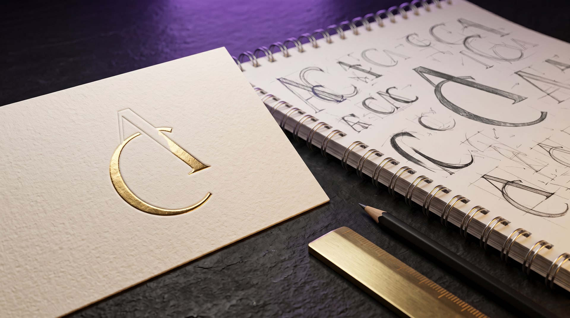 Dr. Cuno monogram logo gold-foil embossed on paper next to the logo sketches