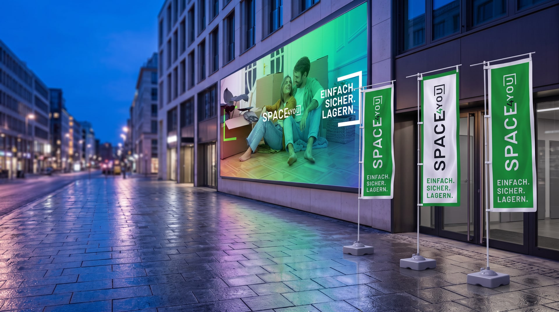 Space4You brand campaign on a city billboard with branded flags