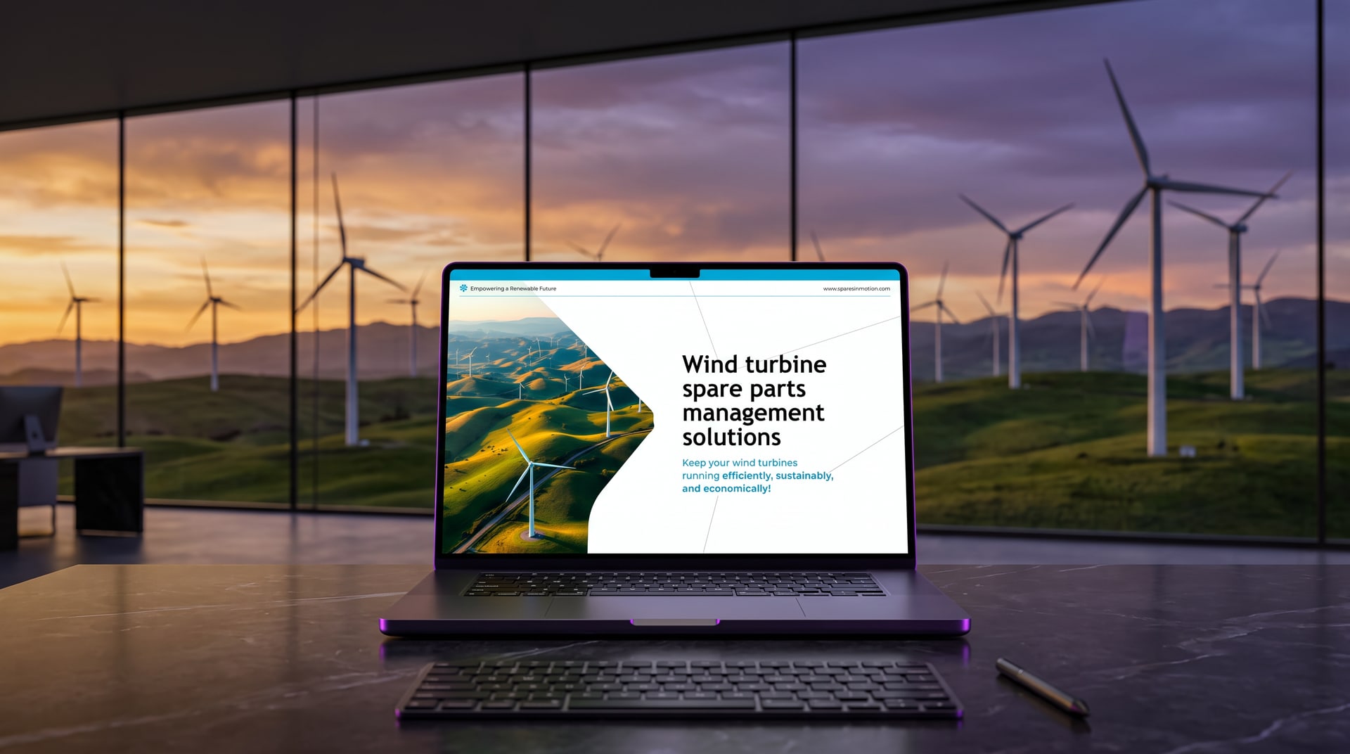 Spares in Motion website on a laptop with wind turbines at dusk in the background
