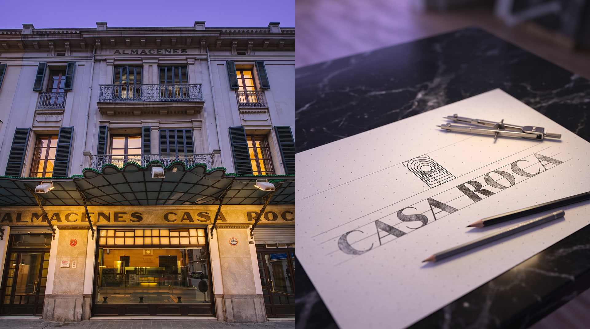 Casa Roca hotel facade in Palma and the Casa Roca logo construction sheet