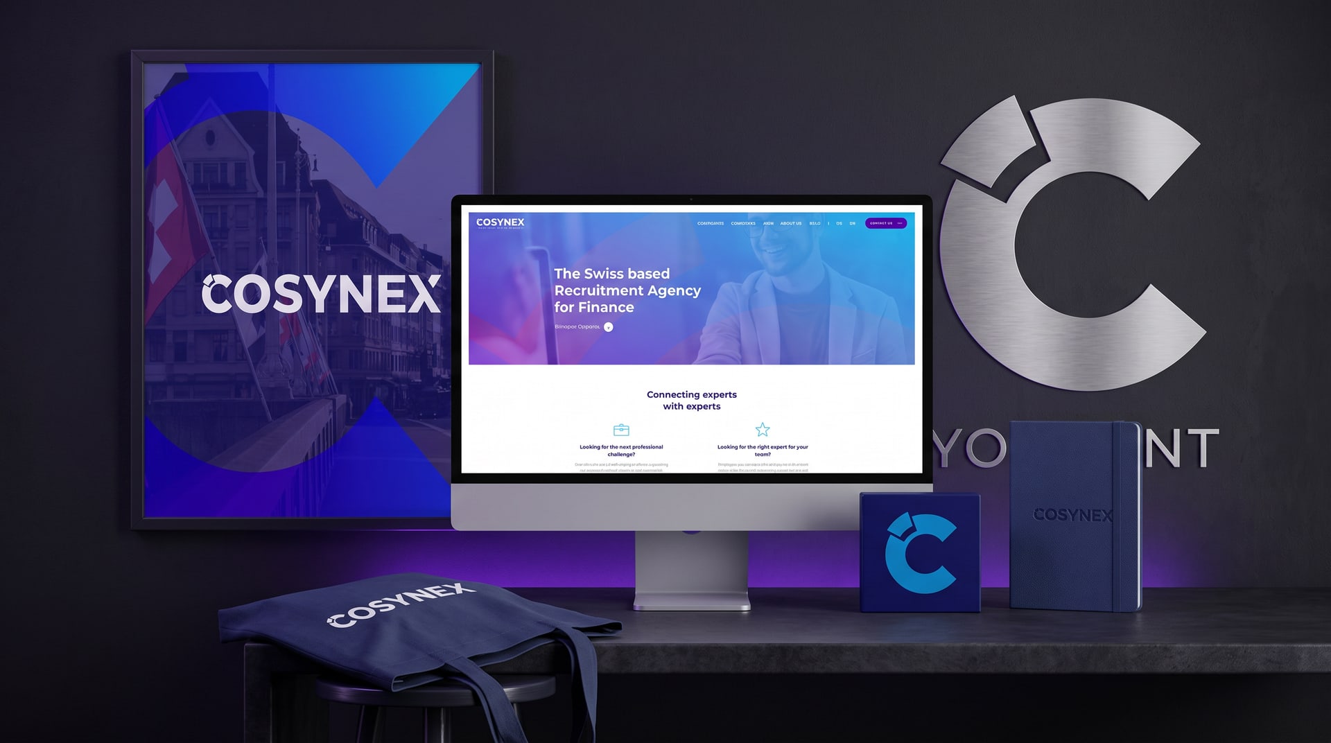 12-strong-brand-identity-strategy cover Cosynex brand identity system: website, poster, notebook and tote bag