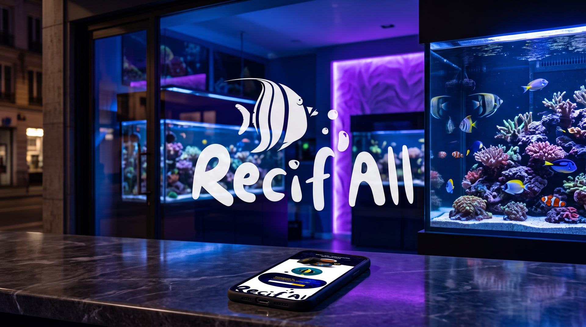 13-corporate-rebranding cover Recif All logo on an aquarium store window with the new mobile website on a smartphone