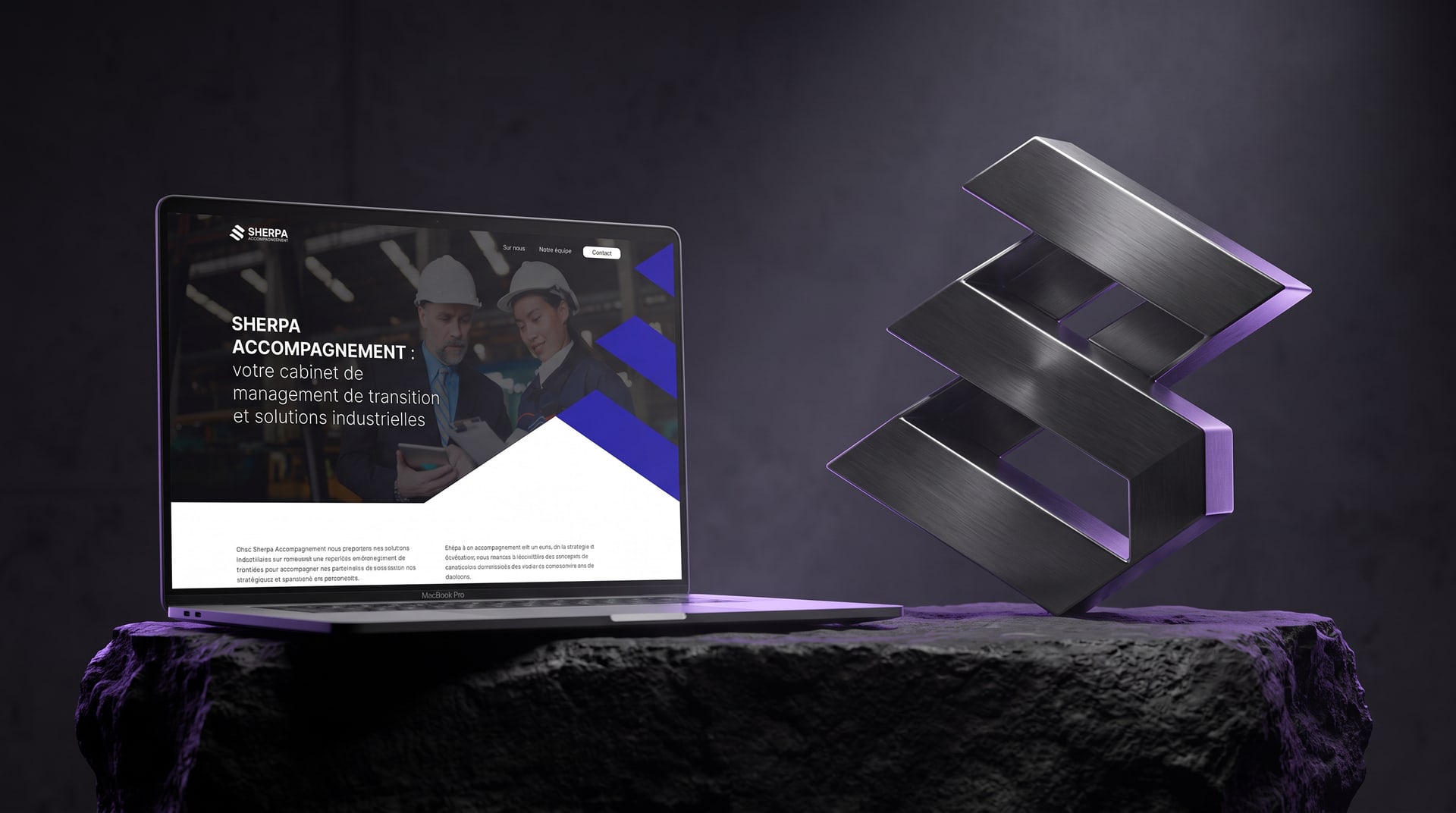 Sherpa website on a laptop beside a 3D sculpture of the Sherpa logo symbol