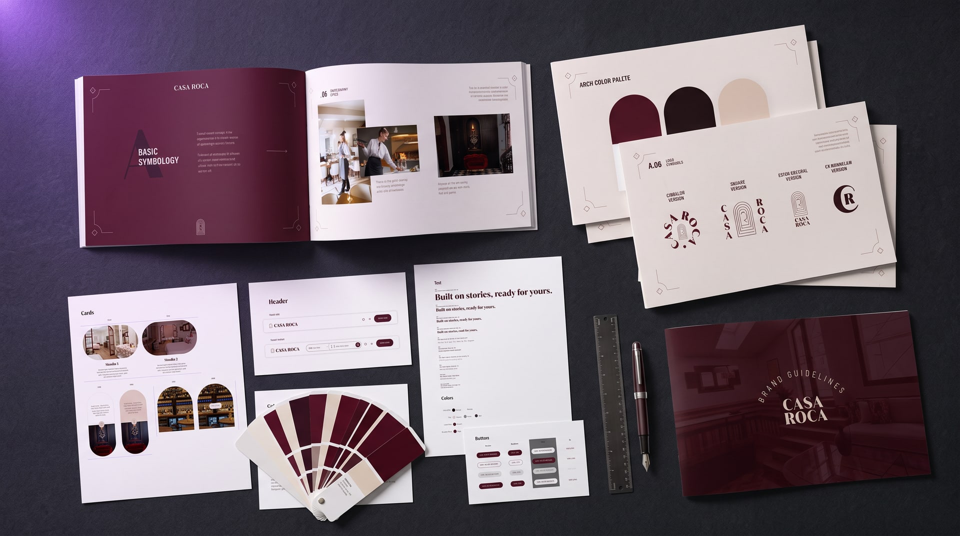 Casa Roca brand guidelines book, pages and colour swatches
