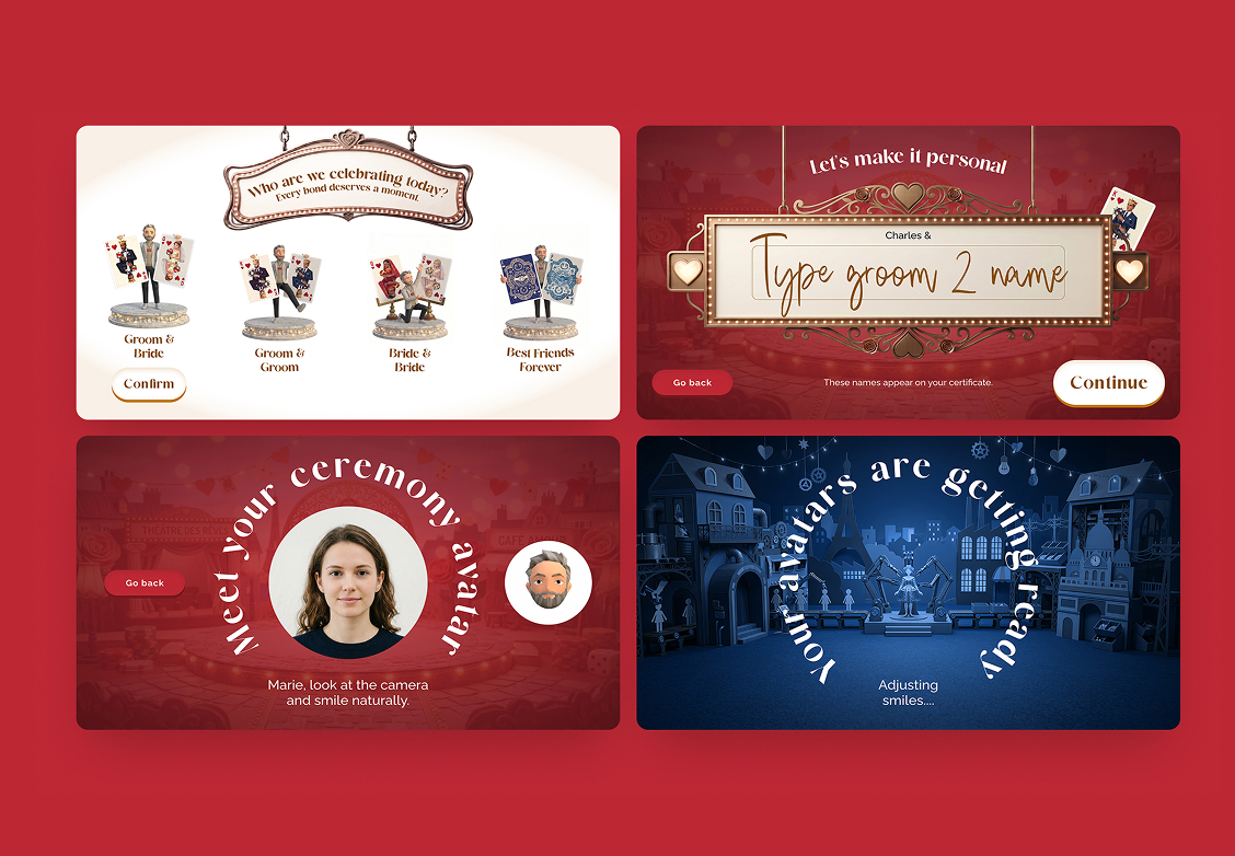Four screens from the JustMarriedBooth AI photobooth app designed and developed by Morpheon