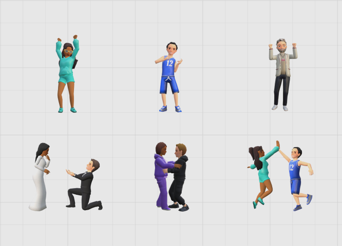 Six 3D avatars created for the JustMarriedBooth AI photobooth app, including couples, a proposal and celebrating guests