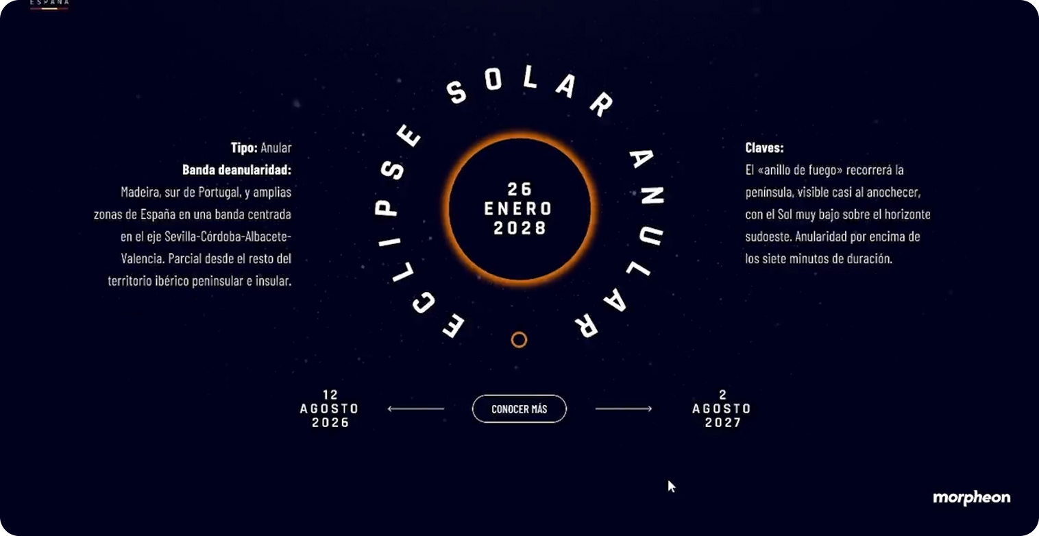 Dark eclipse information interface from Morpheon’s ESA portfolio, with a central ring of light and surrounding navigation