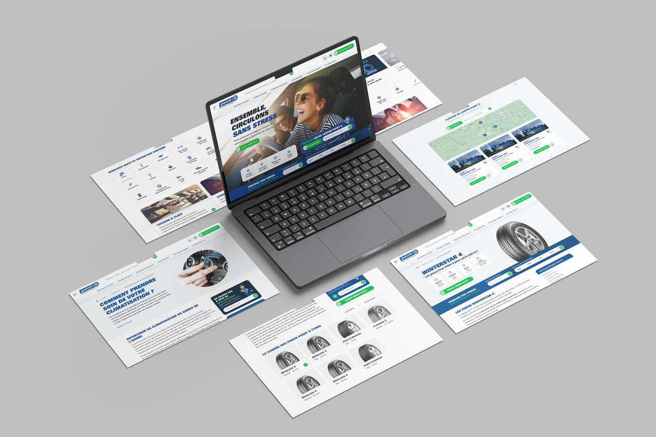 Morpheon portfolio — Point S website Point S website displayed on a laptop with surrounding service pages and a location map
