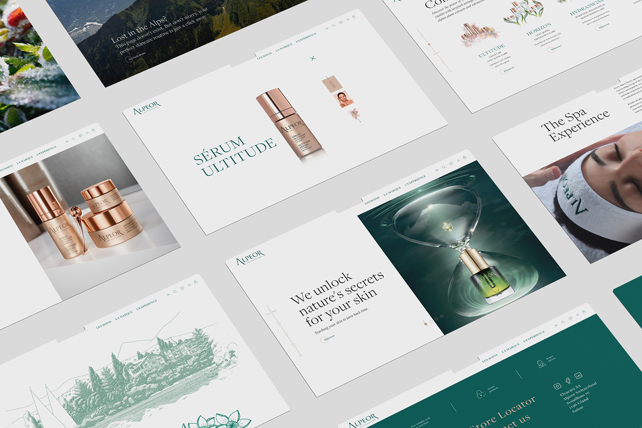 Morpheon portfolio — Alpeor digital experience A collection of Alpeor website layouts combining product photography, editorial content and green accents